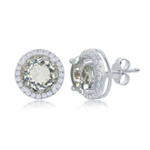 Sterling Silver 5.7cttw Green Amethyst Center Stone with 0.882cttw White Topaz Border Stud Earrings